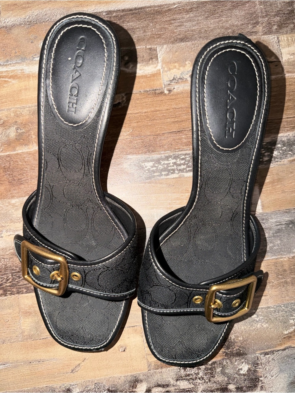 Coach Black Slide Mules with Gold Buckles